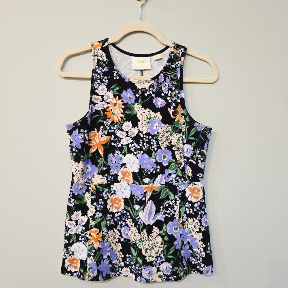 Maeve Anthropologie Floral‎ Sleeveless Button Detail Knit Top Small Black Purple